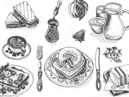 Vector illustration sketch - breakfast. Card Menu brunch. design template, banner.