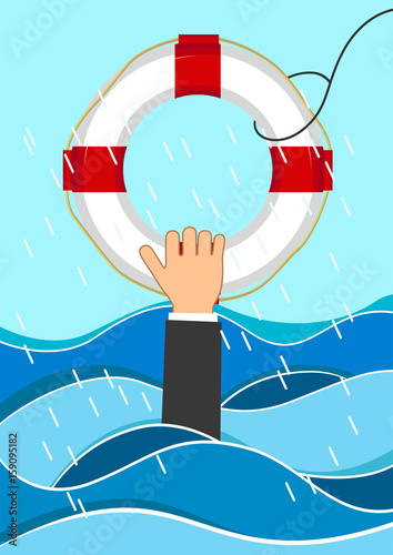 Business man drowns holding lifebuoy in waves. Flat business concept