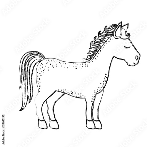 monochrome blurred silhouette of cartoon unicorn standing with closed eyes and looking towards the right vector illustration