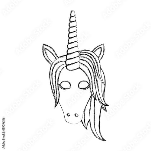 monochrome blurred silhouette of front face of female unicorn with closed eyes and mane vector illustration