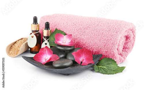 Beautiful spa composition with hydrangea flowers on white background