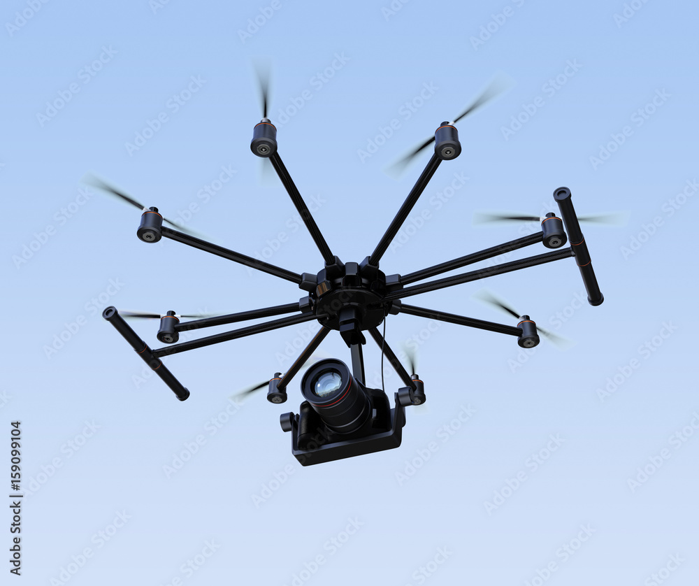 Octocopter flying in the sky. 3D rendering image Octocopter flying in the sky. 3D rendering image