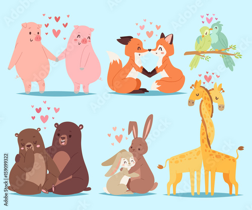 Animals couple in love valentines day holiday vector illustration.