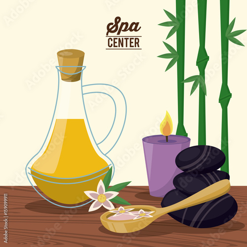 color poster of spa center with bamboo plant and oil essence bottle and lava stones and candle vector illustration