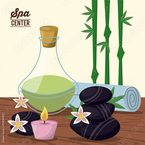 color poster of spa center with bamboo plant and herbal essence bottle and lava stones and candle and towel vector illustration