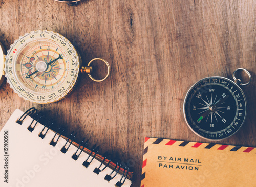 Vintage compass on the very old paper or letter envolop photo