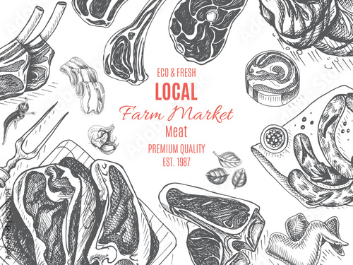 Vector illustration sketch - farm market. Card local meat shop.