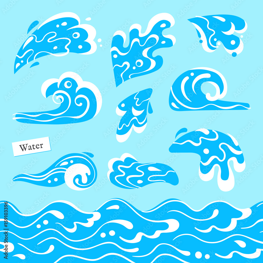 Set of isolated sea or ocean wave, splashes of water and seamless pattern marine stream. Tidal gale shape with foam.