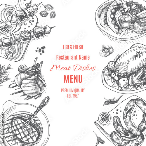 Vector illustration sketch - farm market. Card local meat shop.