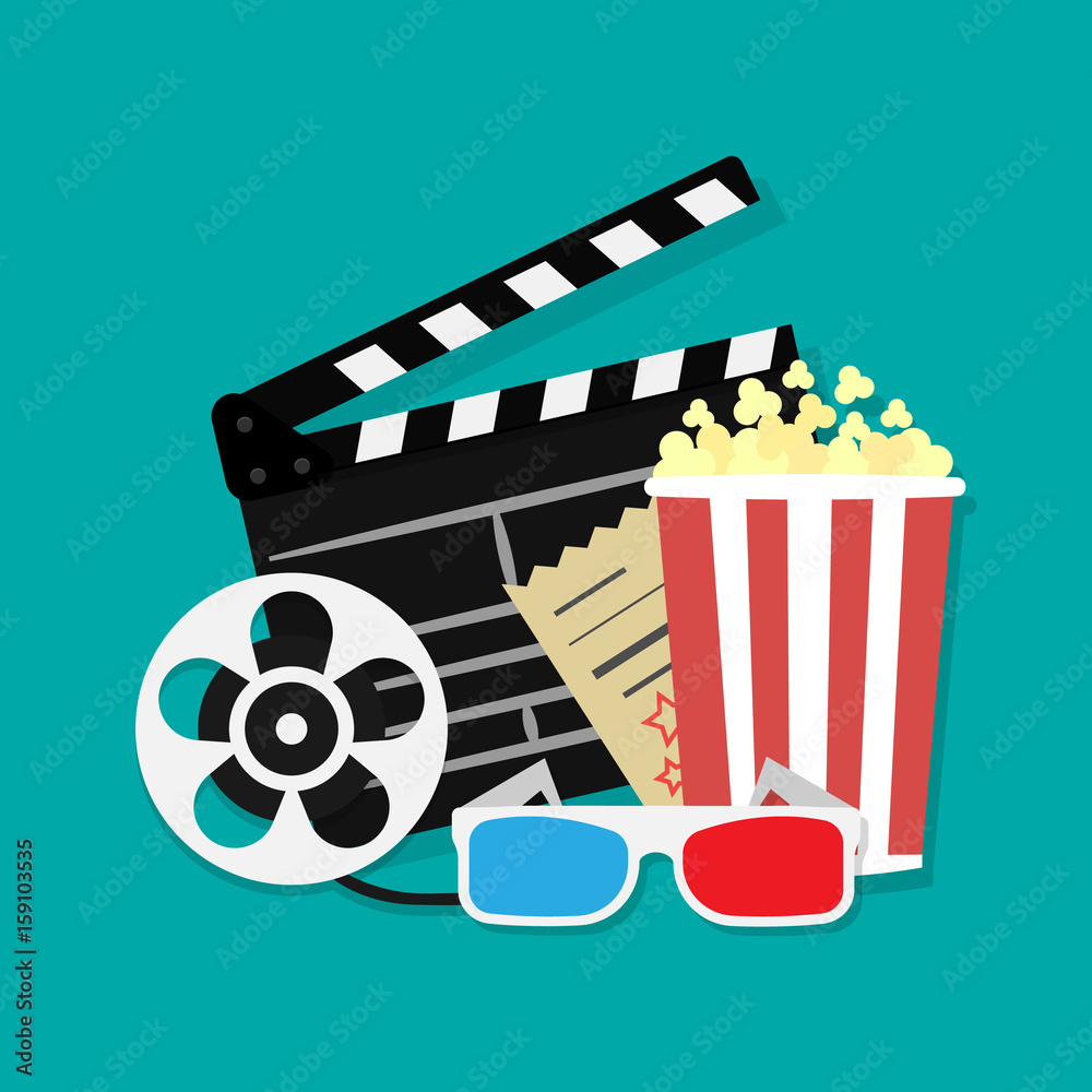 Big open clapper board Movie reel Cinema icon set. Movie and film elements  in flat design. Cinema and Movie time flat icons with film reel, popcorn,  3d glasses, clapperboard. Stock Vector