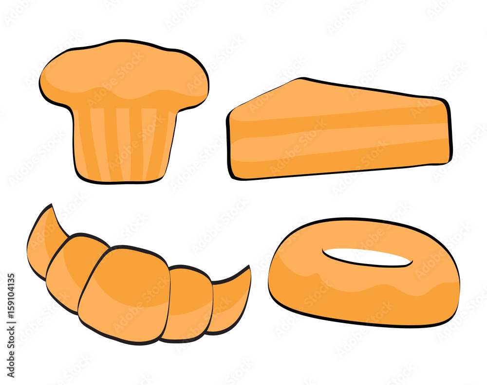 Set of sweet donut, croissant, cupcake, cake, cartoon style vector illustration isolated on white background. Set of sweet donut, croissant, cupcake, cake, cartoon style vector illustration isolated on white background.