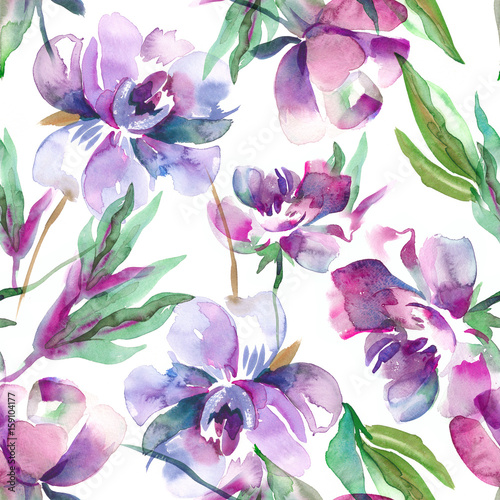 Peonies Seamless Pattern. Watercolor Background.