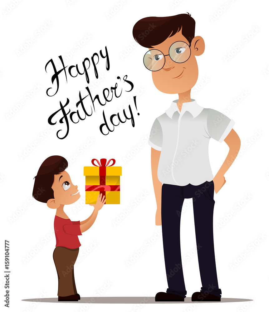 Happy Fathers Day greeting card. Son giving present to his father on holiday. Cute cartoon characters. Vector illustration on white background. Happy Fathers Day greeting card. Son giving present to his father on holiday. Cute cartoon characters. Vector illustration on white background.