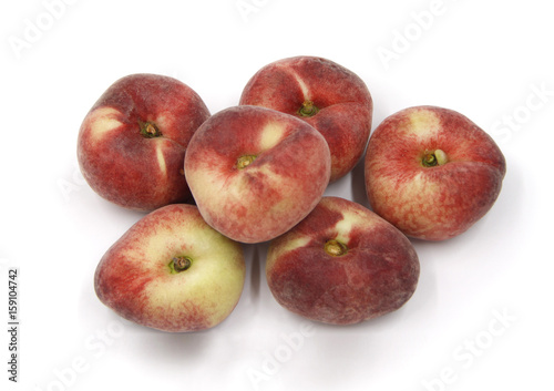 Bunch of Doughnut Peaches, flat, ripe - Background isolated white - Text space, copy space