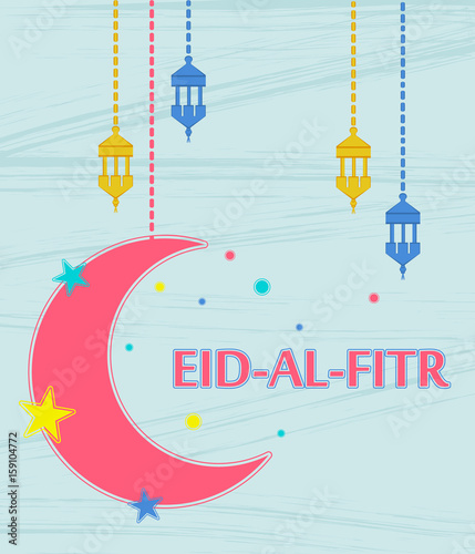 Eid al fitr muslim traditional holiday that marks the end of Ramadan. Greeting card with stars, moon and lanterns on abstract background. Vector illustration.