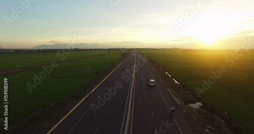 Aerial Survey Traffic on the road at sunset in Vietnam