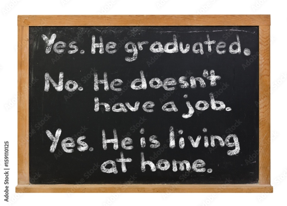 Answers to annoying graduation questions written in white chalk on a black chalkboard isolated on white Answers to annoying graduation questions written in white chalk on a black chalkboard isolated on white