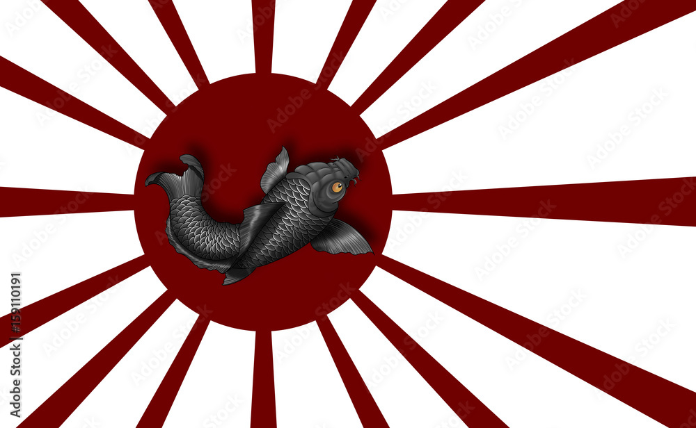 Japanese Koi-fish tattoo design under japanese flag. Stock