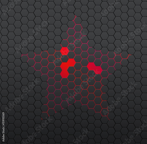 Black background of hexagonal mosaic. Red star in the center.