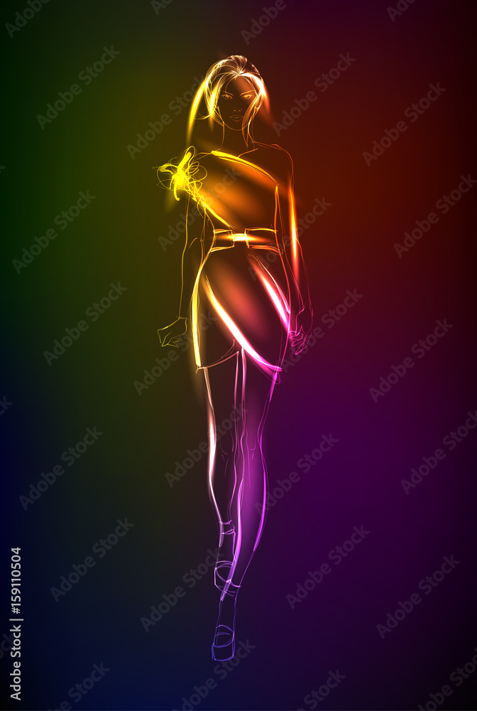 Hand-drawn fashion model from a neon. A light girl's