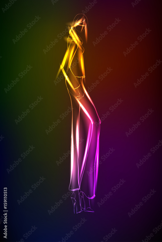 Hand-drawn fashion model from a neon. A light girl's Hand-drawn fashion model from a neon. A light girl's