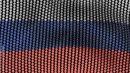 Flag of Russia, consisting of many soccer balls fluttering in the wind, on a black background. 3D illustration.