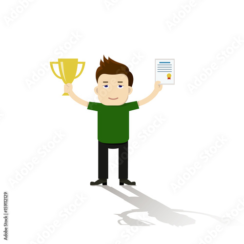 Businessman proudly standing and holding up trophy
