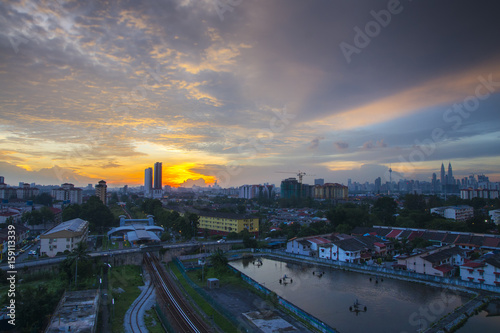 Panorama of Kuala Lumpur at sunset. Malaysia. Low light and vibrance color.