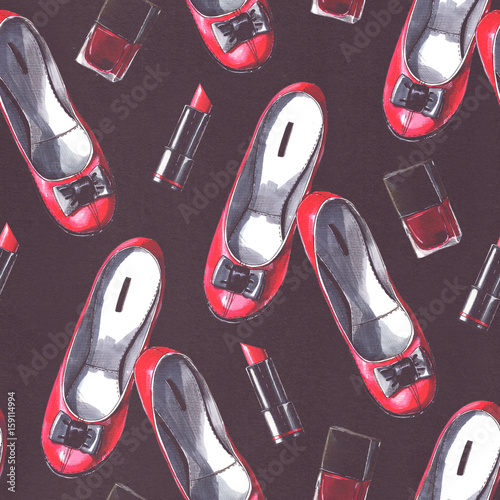 Dark hand drawn pattern with shoes and lipstick on dark paper. Red and black drawing in bright colors. Large raster illustration good for wrapping paper and fashion design. Beauty seamless pattern