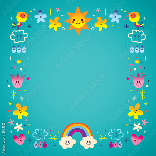 sun clouds rainbow singing birds raindrops flowers characters nature frame border