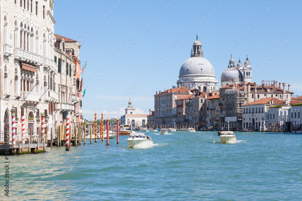 Venice, Italy, view of Basilica di Santa Maria della Salute from the Grand Canal with boats