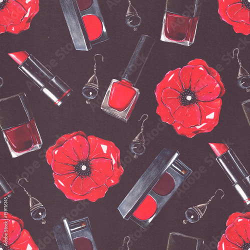 Seamless beauty products pattern with rouge, lipstick, nail polish bottles and scarlet poppy flower on black paper. Hand drawn design, good for beauty salon, shop and cosmetic corners.