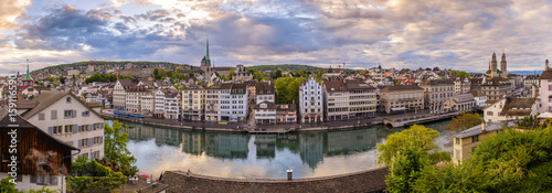 Zurich city skyline panorama at Limmat River and Grossmunster Church, Zurich, Switzerland