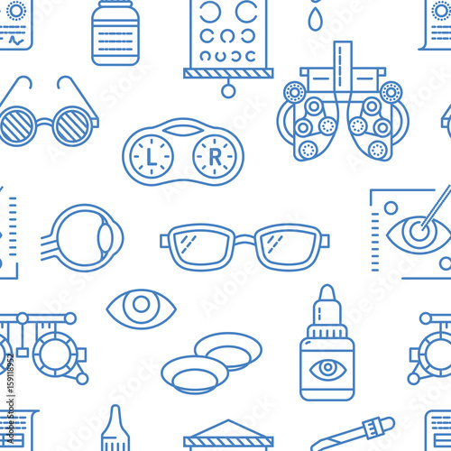 Ophthalmology, eyes health care seamless pattern, medical vector blue background. Optometry equipment, contact lenses, glasses line icons. Vision correction repeated illustration for oculist clinic.