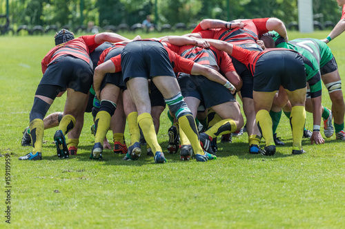 Rugby players in scrum, team sport photo