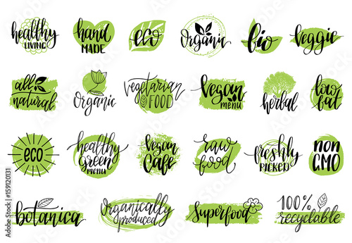 Vector eco, organic, bio signs. Vegan, healthy food illustrations set for cafe, restaurant badges, tags, packaging etc.