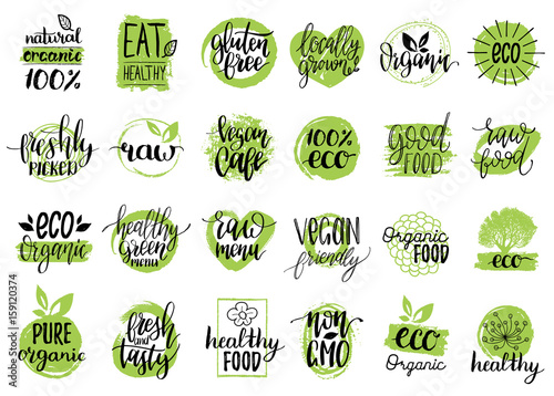 Vector eco, organic, bio signs. Vegan, healthy food illustrations set for cafe, restaurant badges, tags, packaging etc.