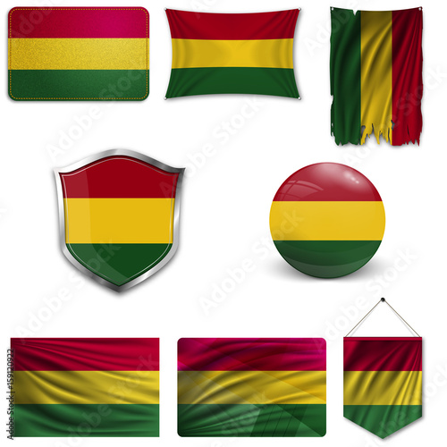 Set of the national flag of Bolivia in different designs on a white background. Realistic vector illustration.