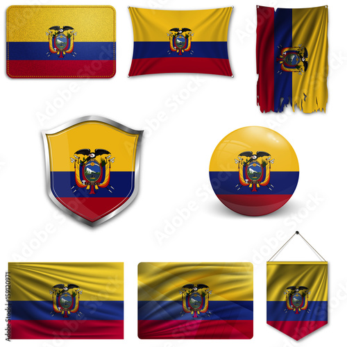 Free Download Set of the national flag of Ecuador in different designs on a white background. Realistic vector illustration. - GFXLoad