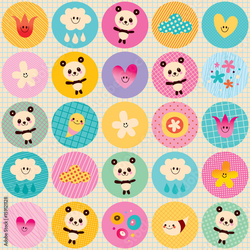 circles pattern baby panda bears flowers clouds