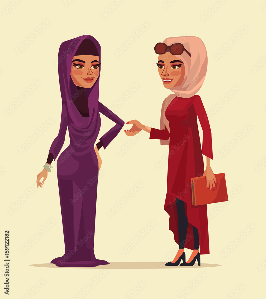Happy smiling muslim modern women characters talking. Vector flat cartoon illustration