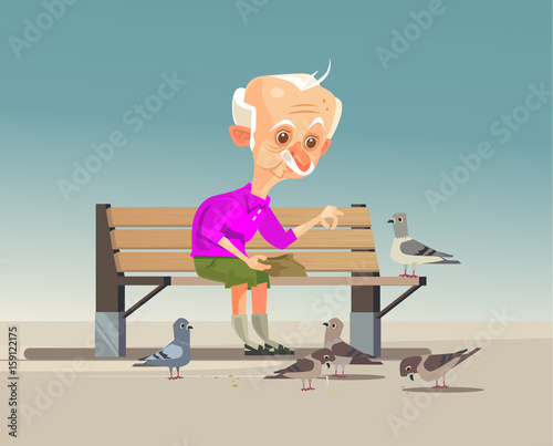 Happy smiling old grandfather character feeding doves. Vector flat cartoon illustration