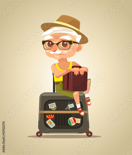 Happy smiling old tourist grandfather character sitting on bags. Vector flat cartoon illustration