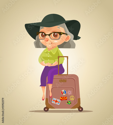 Happy smiling old tourist grandmother character sitting on bags. Vector flat cartoon illustration
