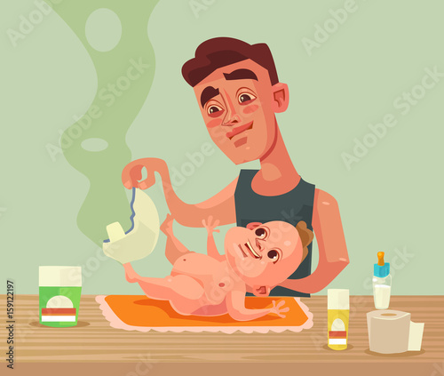 Father man character changes baby diaper. Vector flat cartoon illustration photo