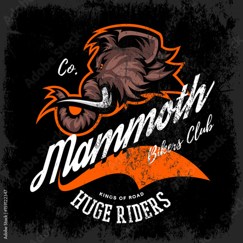 Vintage furious woolly mammoth bikers gang club tee print vector design. Street wear t-shirt emblem. 
Premium quality wild animal superior mascot professional logo concept illustration.