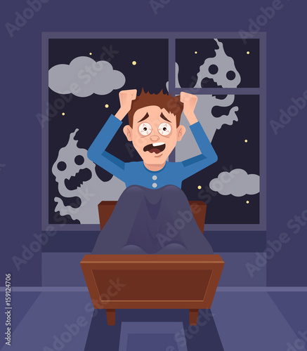 Frightened scary screaming man character can not sleep. Bad nightmare. Vector flat cartoon illustration