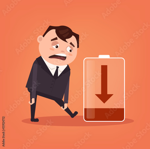 Tired sad office worker businessman character has no energy. Hard work. Vector flat cartoon illustration