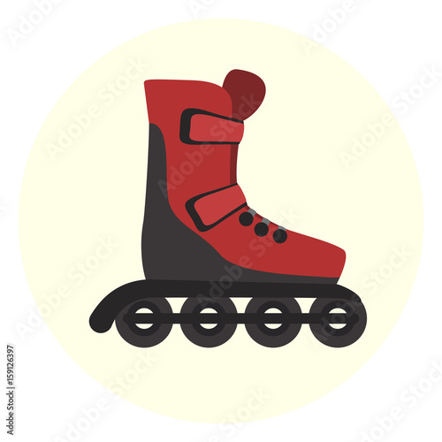 Flat red modern four wheels skate rollers icon, rollerskating symbol, ecological city transport