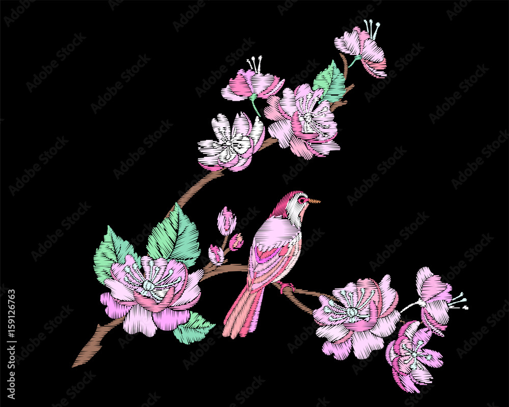 Obraz premium Embroidery branch of flowers of Japanese sakura and pink bird.